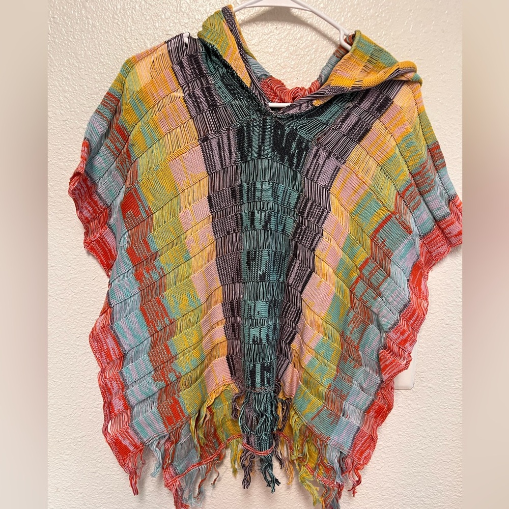 sparrow Multicolor Knit Poncho with Hood - Yellow, Teal, Pink, Red, Black